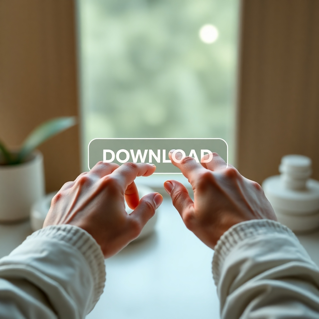 A photorealistic image of a person's hands clicking a download button on a website. Highlight the ease and convenience of accessing our ebooks. This image should be clean and sleek. High resolution showcases the download interface, while a subtle background conveys a spa-like feeling. The overall style should be modern and user-friendly.