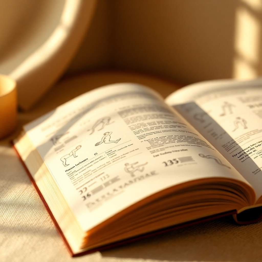 Create a 4K photorealistic image that visually represents the essence of comprehensive massage technique guides. The image could be a stylized close-up shot of an open ebook with pages filled with massage illustrations and diagrams, surrounded by soft lighting. The color palette should be warm and inviting, possibly using beige, light brown, and ivory tones to represent the book's pages and textures. The lighting should be soft and diffused, highlighting the details of the illustrations and the texture of the paper. Use a shallow depth of field to focus attention on the ebook. Style references could be found in images showcasing educational books or high-quality publications about health and wellness. Ensure the image conveys a sense of knowledge, expertise, and trust, thereby mirroring the brand's value proposition.