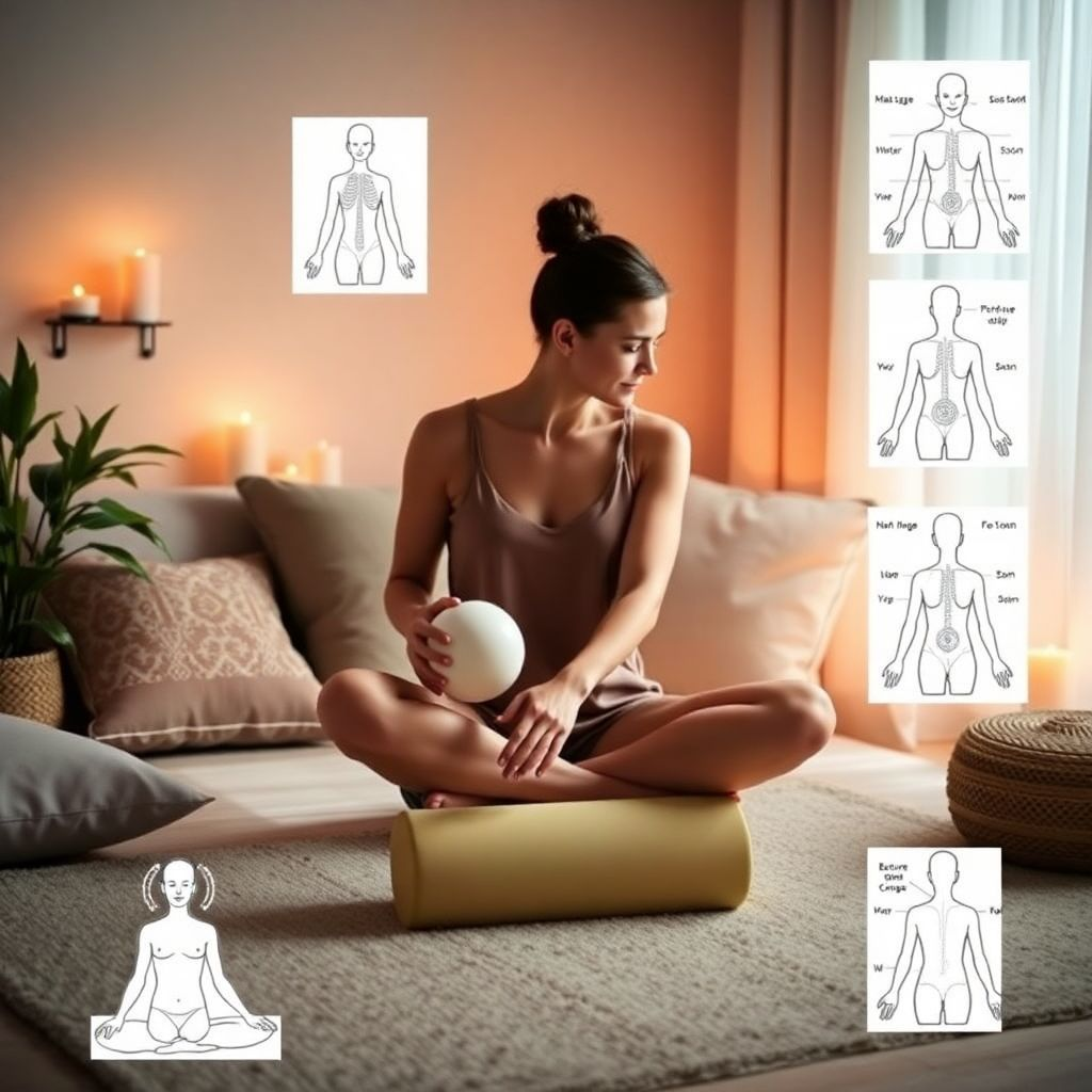Create a photorealistic, ultra-high-quality 8K resolution image for a hero header. The image should depict a serene spa-like setting with soft, natural lighting. Focus on a pair of hands gently performing a massage on a person's back. Emphasize the texture of the skin, the softness of the hands, and the feeling of relaxation. Use a warm color palette with earthy tones, like creams, browns, and soft greens. The camera angle should be slightly elevated, offering a view of the scene from a comfortable perspective. The image should convey a sense of peace, tranquility, and well-being. Include subtle details, such as soft fabrics, dim lighting, candles, and maybe essential oil bottles. Reference images should evoke a sense of serenity and professionalism, similar to high-end spa advertising imagery. The overall style should be minimalistic and elegant, focusing on the beauty of the human touch and relaxation. The texture of the skin and the fabric should be hyperrealistic, creating a sense of depth and realism. Include some negative space to prevent a cluttered look.
